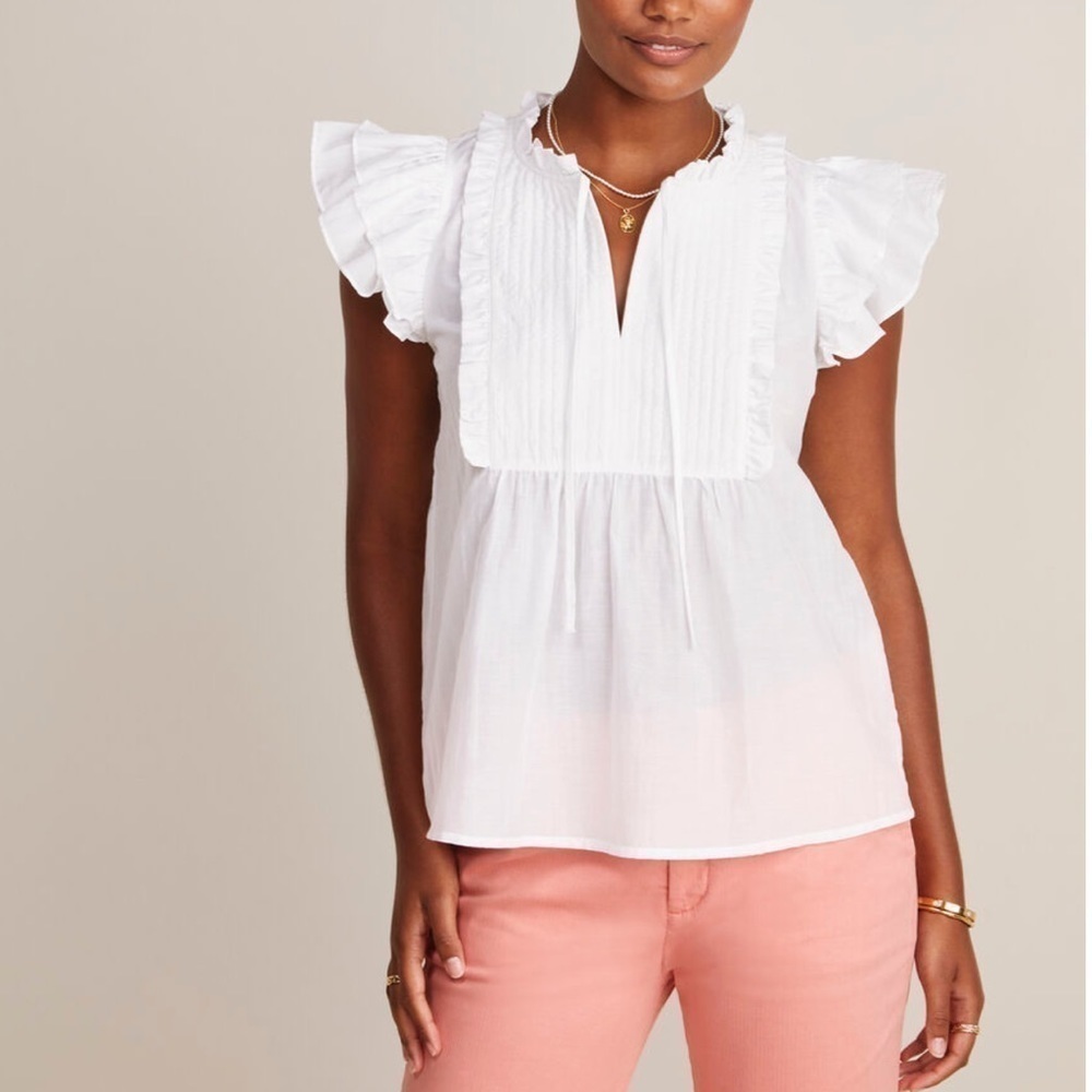 NEW VINEYARD VINES Quilted Ruffle Sleeve Top Cotton Tie Front Blouse Size Small